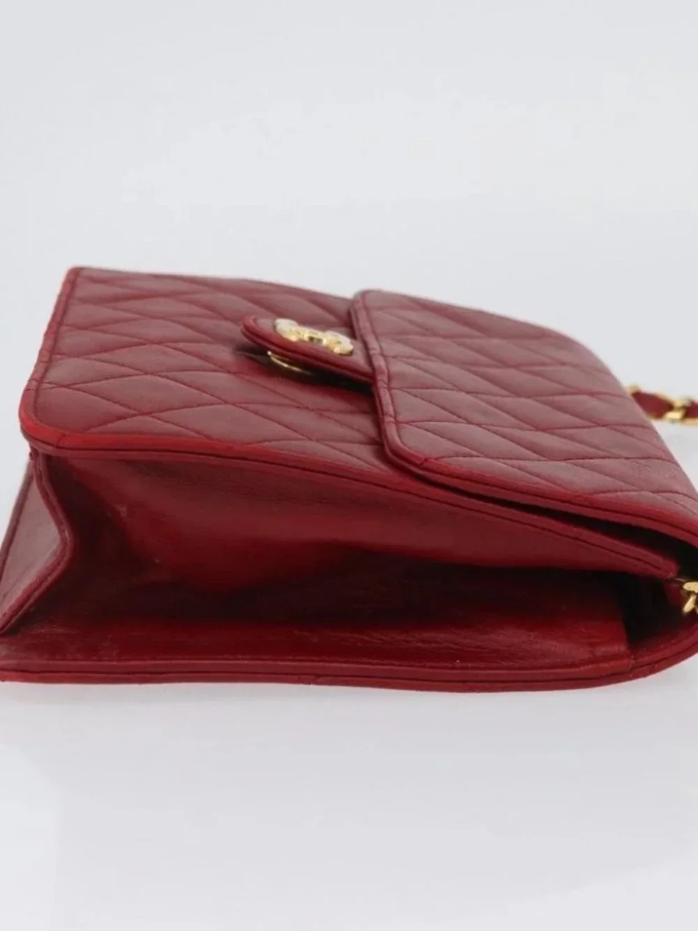 CHANEL Matelasse Chain Shoulder Bag Lamb Skin Red Gold CC Auth YKZ368